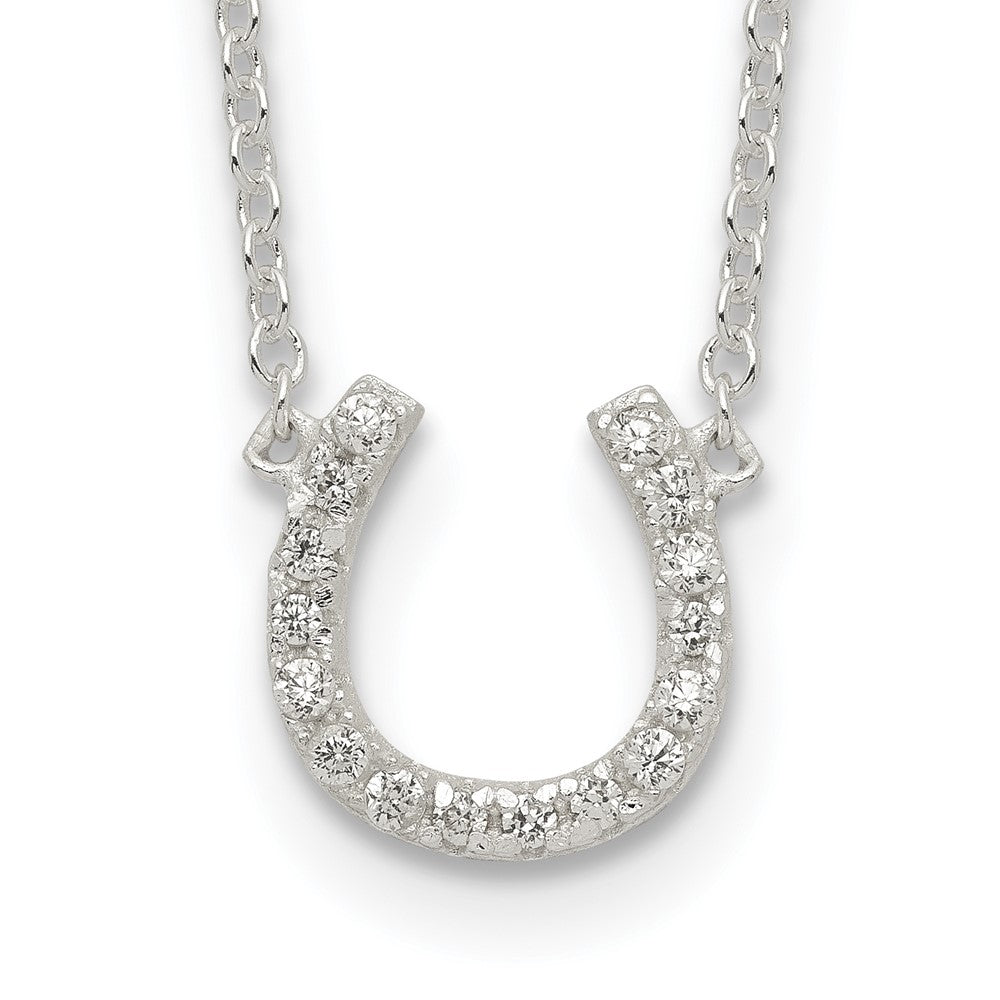 Sterling Silver Polished CZ Horseshoe w/ 1 inch ext Necklace, 17 x 14 mm