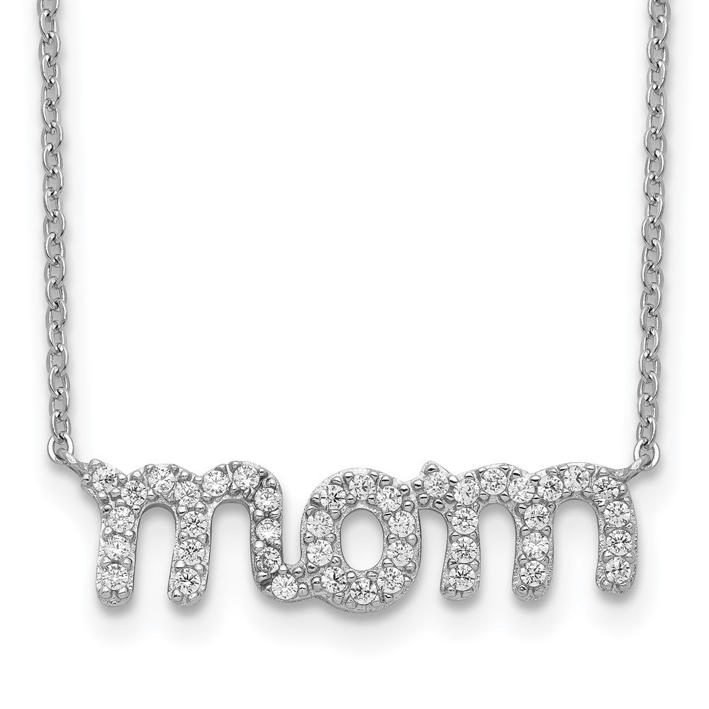 Sterling Silver Rhodium-plated MOM w/CZ Necklace, 18 x 31 mm