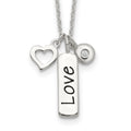 Sterling Silver Antiqued/Polished CZ LOVE Heart w/1in ext Necklace, 17 mm