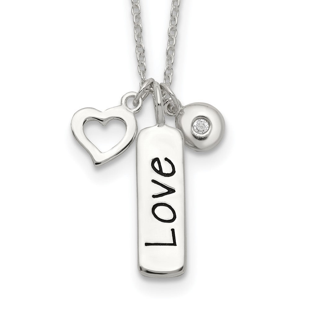 Sterling Silver Antiqued/Polished CZ LOVE Heart w/1in ext Necklace, 17 mm