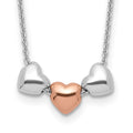 Sterling Silver Rhodium Rose-tone 3-Hearts w/.75 ext Necklace, 18.75 mm