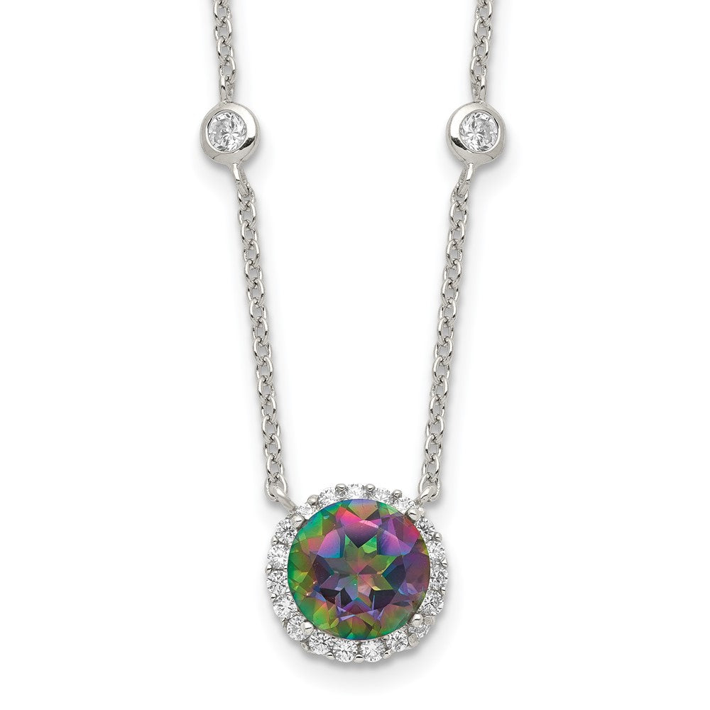 Sterling Silver RH-plated Dark Mystic CZ Halo Pendant on 10-Station Necklac, 18 x 1 mm