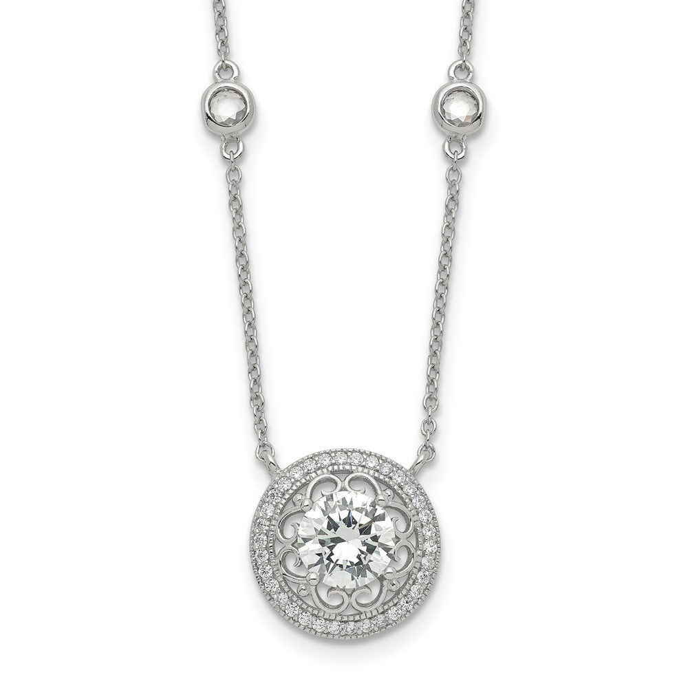 Sterling Silver RH-plated Round CZ Pendant w/2in. ext. 4-Station Necklace, 18 x 2 mm