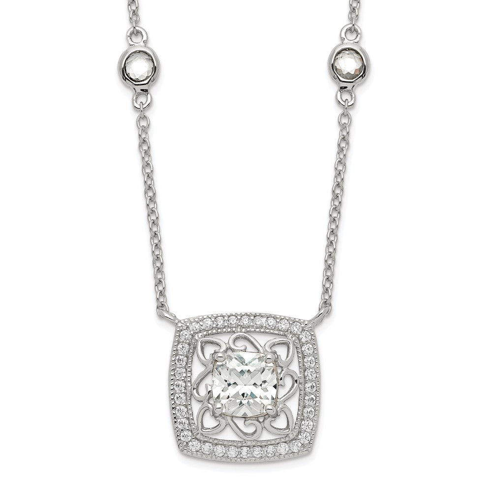 Sterling Silver Rhod-pltd Square CZ Pendant w/2in ext 4-Station Necklace, 18 x 1 mm