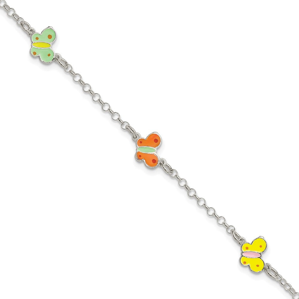Sterling Silver Polished Multi-color Enamel Butterflies Children's Bracelet, 6 x 9 mm