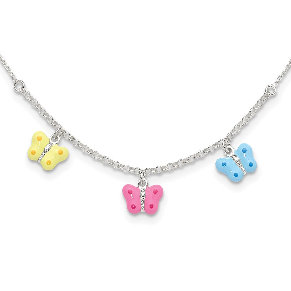 Sterling Silver Polished Yellow, Pink and Blue Enameled Three Butterfly Children's Necklace, 14 x 11.5 mm