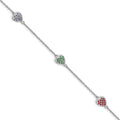 Sterling Silver Rhodium-plated Red, Green and Blue Glass Hearts with 1 Inch Extension Bracelet, 7 x 6.25 mm