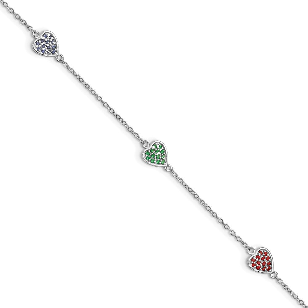 Sterling Silver Rhodium-plated Red, Green and Blue Glass Hearts with 1 Inch Extension Bracelet, 7 x 6.25 mm