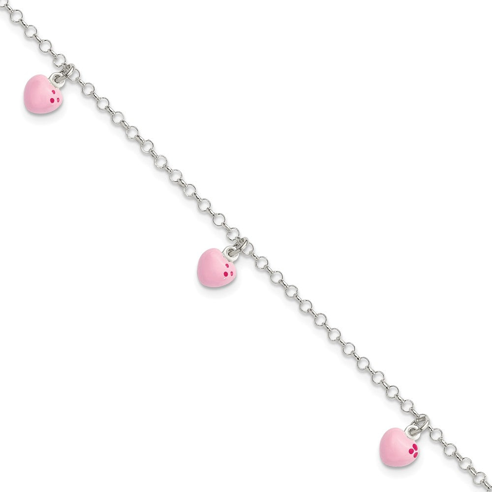 Sterling Silver Polished Pink Enameled Hearts Children's Bracelet, 6 x 10.25 mm