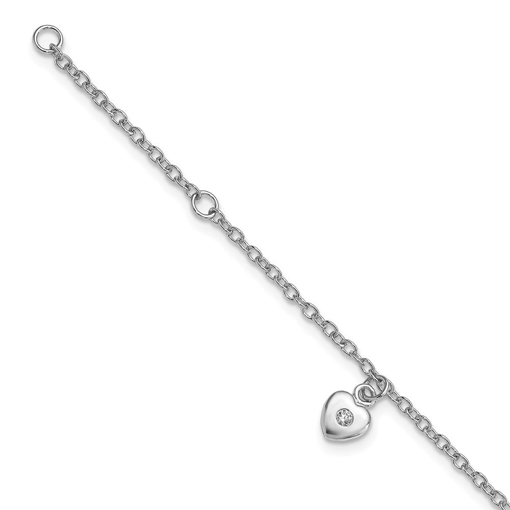 Sterling Silver RH-plated Polished CZ Heart w/ 1in ext. Children's Bracelet, 6.5 x 11 mm