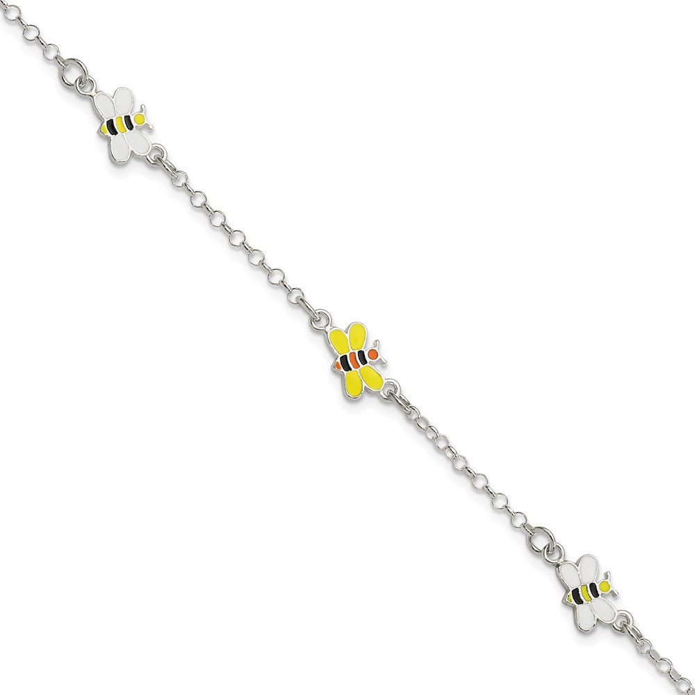 Sterling Silver Polished and Enameled Bees 5 inch Plus 1 inch Extension Children's Bracelet, 6 x 8.75 mm