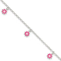 Sterling Silver Polished Pink Enameled Flowers Children's Bracelet, 6 x 10.5 mm