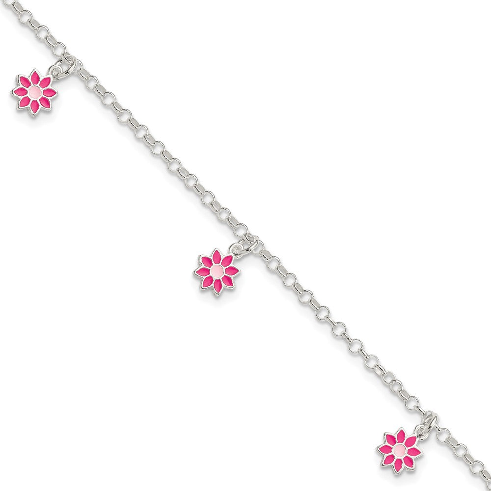 Sterling Silver Polished Pink Enameled Flowers Children's Bracelet, 6 x 10.5 mm
