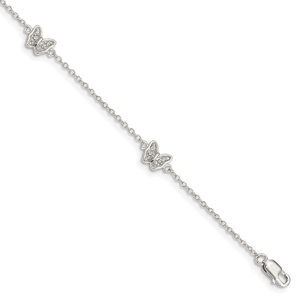 Sterling Silver Rhodium-plated Polished CZ Butterflies 6 inch Bracelet with 1 inch extension, 7 x 6 mm