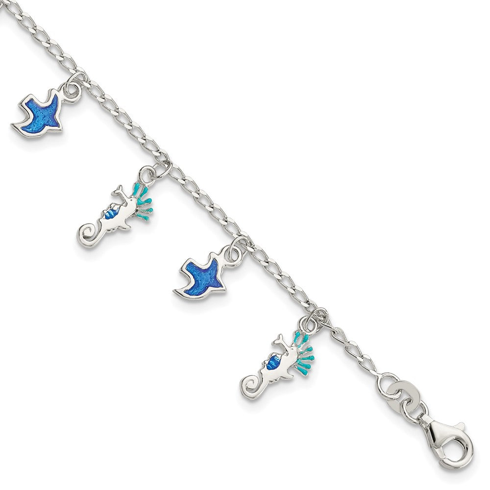 Sterling Silver Enameled Seahorse & Birds w/ 1in ext. Children's Bracelet, 5 x 16 mm