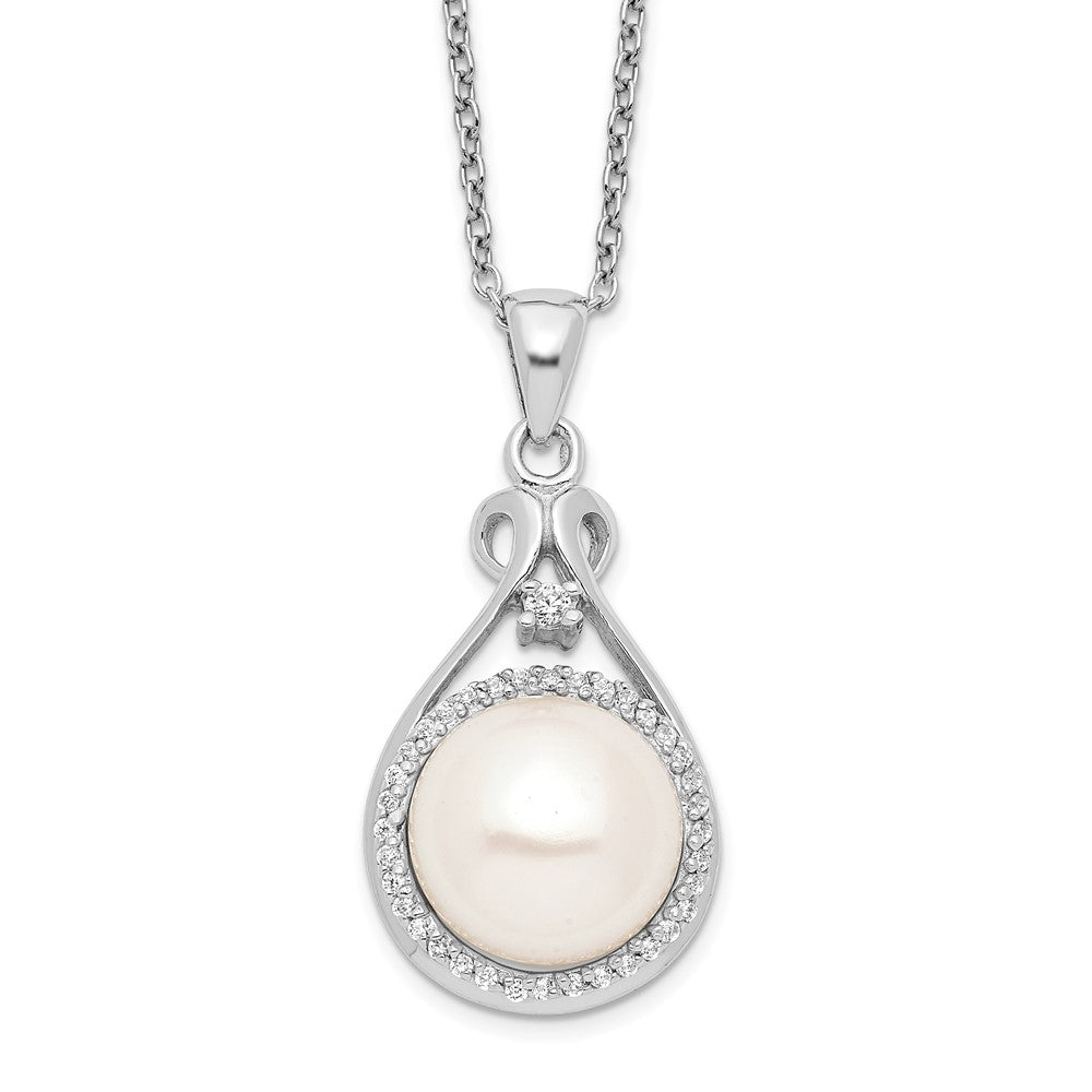 Sterling Silver Rhodium-plated 10-11mm White Button Freshwater Cultured Pearl and CZ 17 inch Necklace, 17 x 15 mm