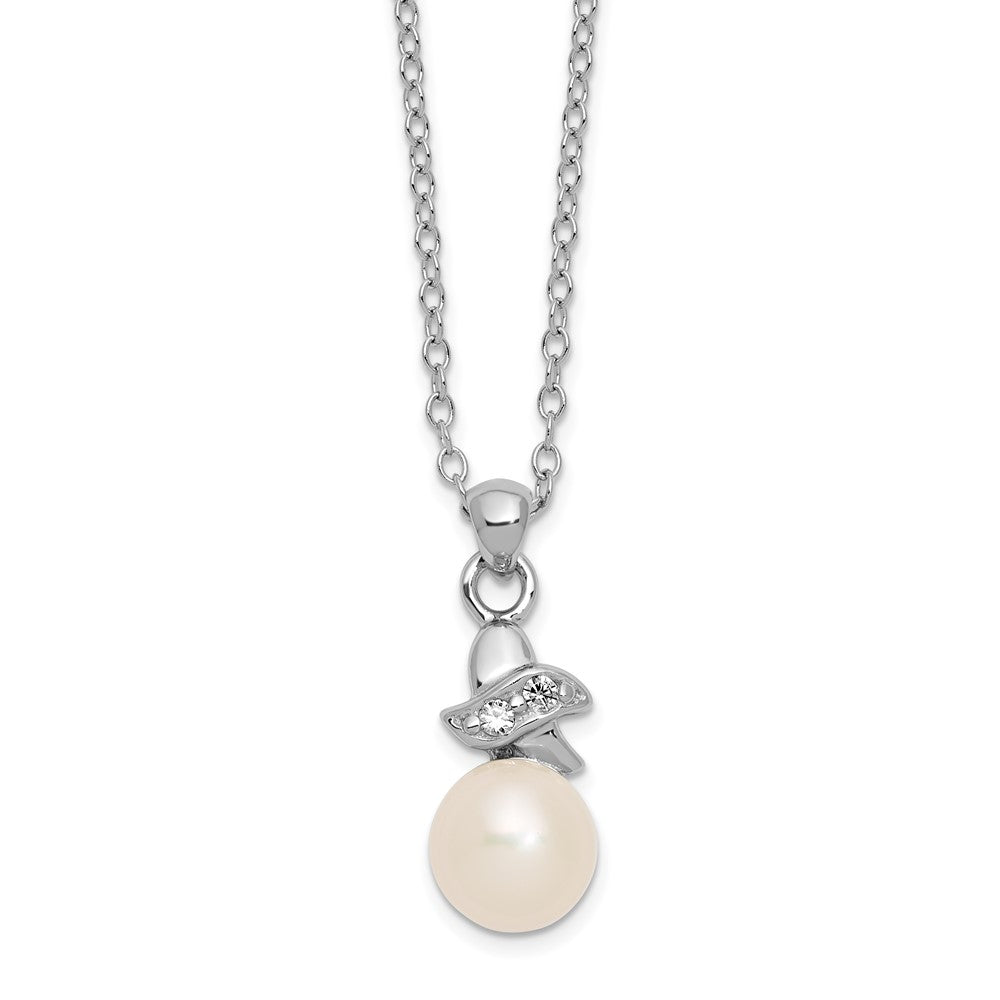 Sterling Silver Rhodium-plated 6-7mm White Button Freshwater Cultured Pearl and CZ 17 inch Necklace, 17 x 8 mm