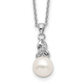Sterling Silver Rhodium-plated 6-7mm White Near-Round Freshwater Cultured Pearl and CZ 17 inch Necklace, 17 x 8 mm