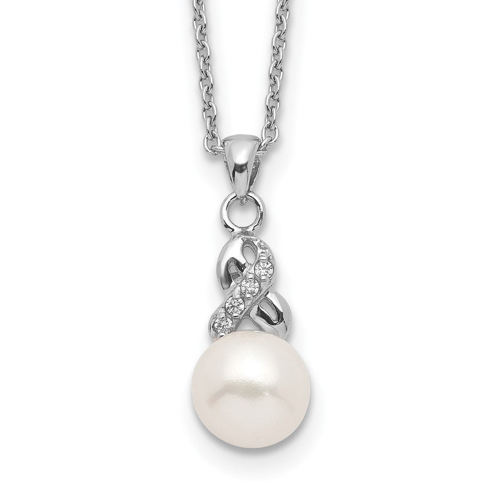 Sterling Silver Rhodium-plated 6-7mm White Near-Round Freshwater Cultured Pearl and CZ 17 inch Necklace, 17 x 8 mm