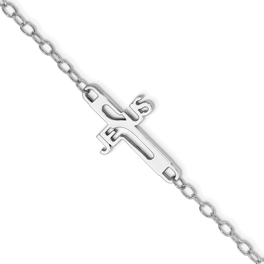 Sterling Silver Rhodium-plated Jesus Cross Womens 7.5in Bracelet, 7.5 mm