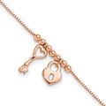 Sterling Silver Rose-tone Heart Lock and Key 9 inch Plus 1 inch Extender - Total 10 inch Anklet, 10 x 15 mm