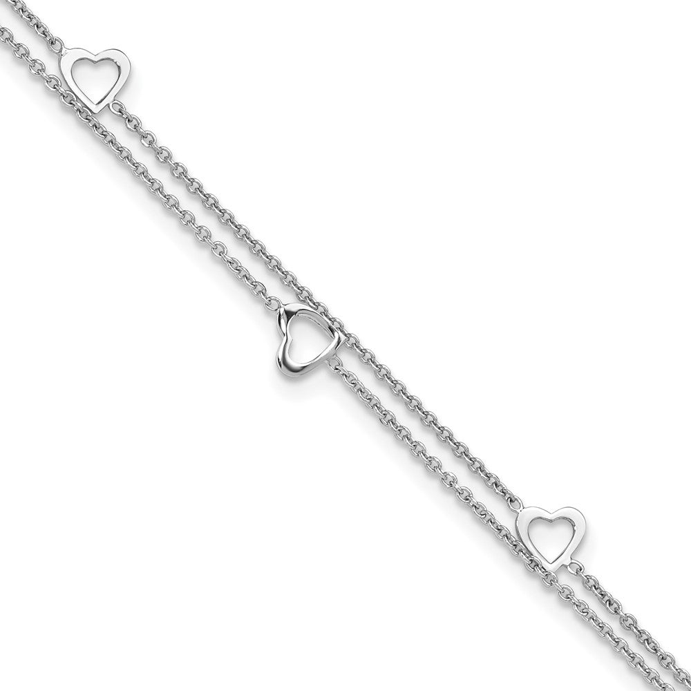Sterling Silver Rhodium-plated Heart 2-Strand 9 inch Plus 1 inch Extender - Total 10 inch Anklet, 10 x 7 mm