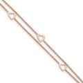 Sterling Silver Rose-tone Heart 2-Strand 9 inch Plus 1 inch Extender - Total 10 inch Anklet, 10 x 7 mm