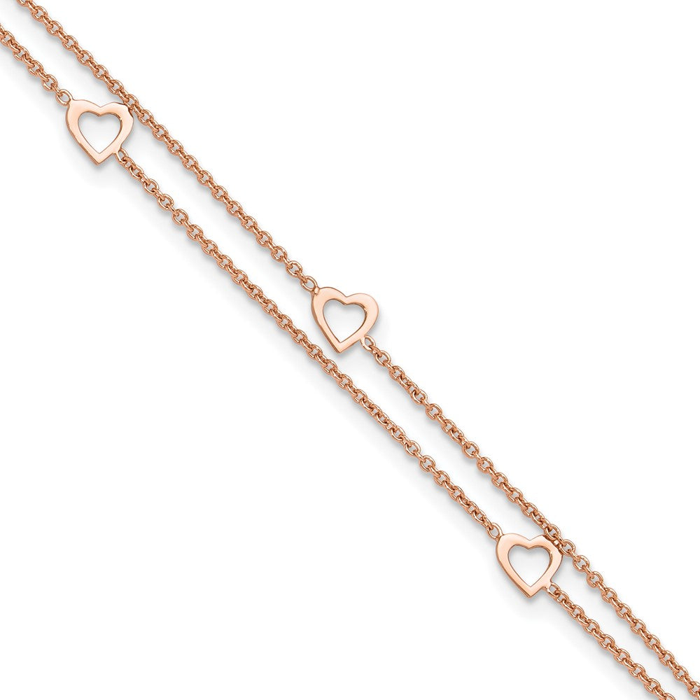 Sterling Silver Rose-tone Heart 2-Strand 9 inch Plus 1 inch Extender - Total 10 inch Anklet, 10 x 7 mm
