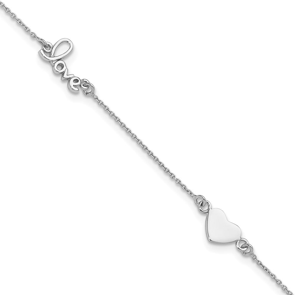 Sterling Silver Rhodium-plated Heart/LOVE Script 9 inch Plus 1 inch Extender - Total 10 inch Anklet, 10 x 1 mm