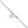 Sterling Silver Arrow with Rose-tone Heart 10 inch Plus 1 inch Extender - Total 11 inch Anklet, 11 x 7 mm