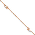 Sterling Silver Rose-tone Interlocked Hearts 9 inch Plus 1 inch Extender - Total 10 inch Anklet, 10 x 0.8 mm