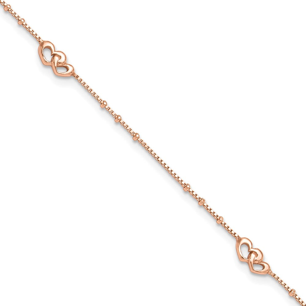 Sterling Silver Rose-tone Interlocked Hearts 9 inch Plus 1 inch Extender - Total 10 inch Anklet, 10 x 0.8 mm