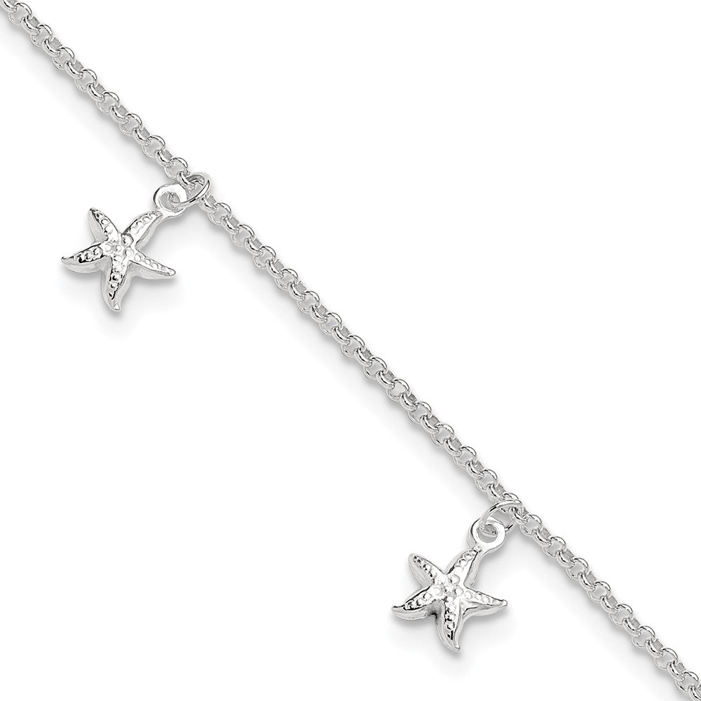 Sterling Silver Starfish Dangles 9 inch Plus 1 inch Extender - Total 10 inch Anklet, 10 x 7 mm