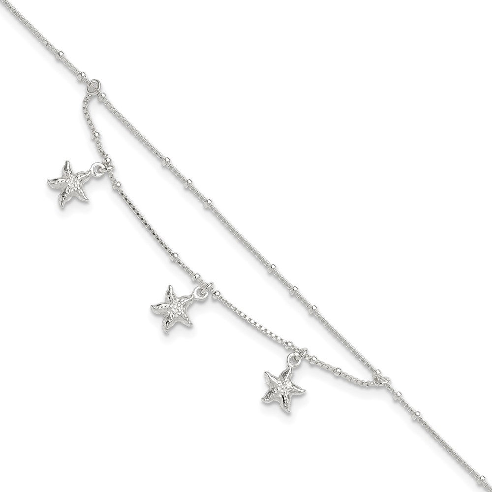 Sterling Silver 2-Strand Starfish 9 inch Plus 1 inch Extender - Total 10 inch Anklet, 10 x 8 mm