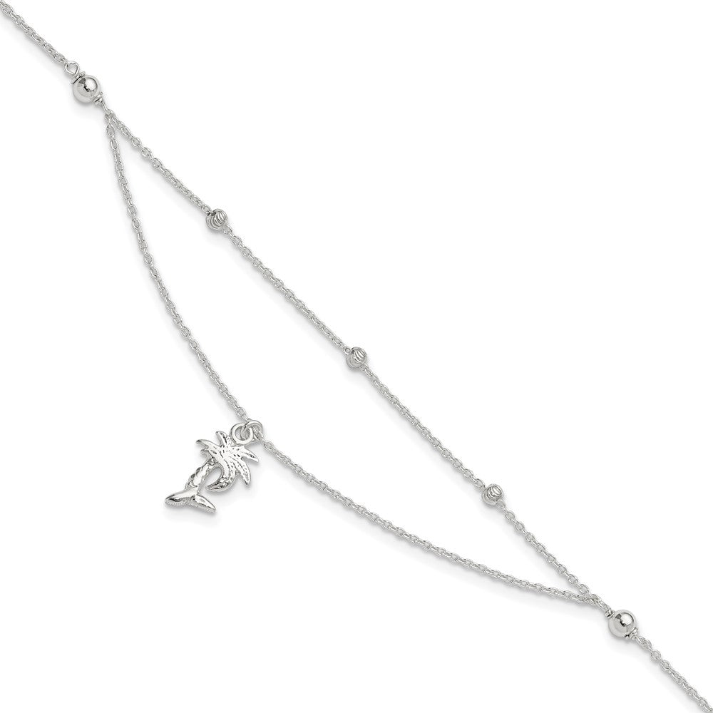 Sterling Silver Palm Tree 2-Strand 9 inch Plus 1 inch Extender - Total 10 inch Anklet, 10 x 10 mm