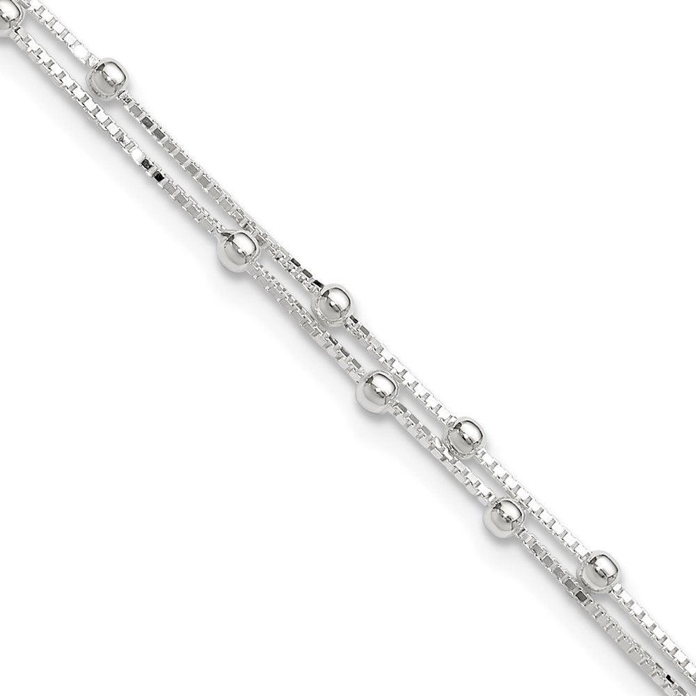Sterling Silver Beaded 2-strand 9 inch Plus 1 inch Extender - Total 10 inch Anklet, 10 x 0.8 mm