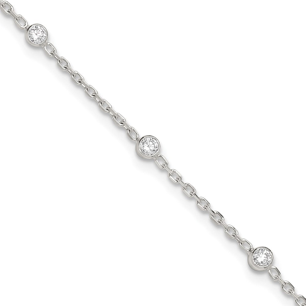 Sterling Silver Bezel CZ 8-Station 8.75 inch Plus 1 inch extender - Total 9.75 inch Anklet, 10 x 1 mm