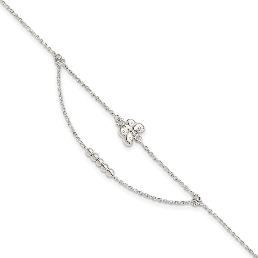 Sterling Silver Butterfly and Beads 2-Strand 9 inch Plus 1 inch Extender - Total 10 inch Anklet, 10 x 1 mm