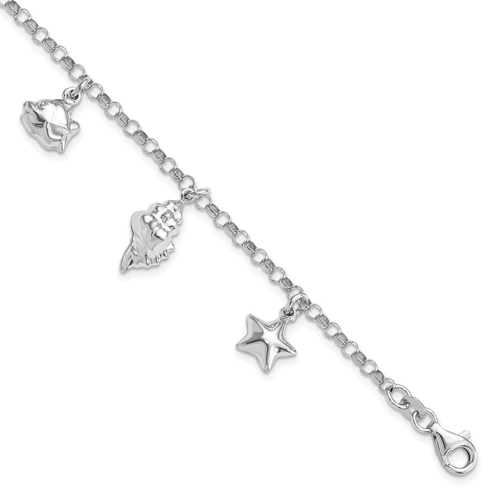 Sterling Silver Rhodium-plated Beach Theme 7 inch Charm Bracelet, 8 x 3 mm