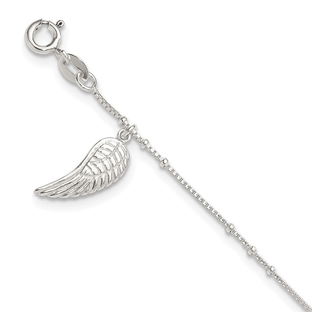 Sterling Silver Wing Charm 9 inch Plus 1 inch Extender - Total 10 inch Anklet, 10 x 7 mm