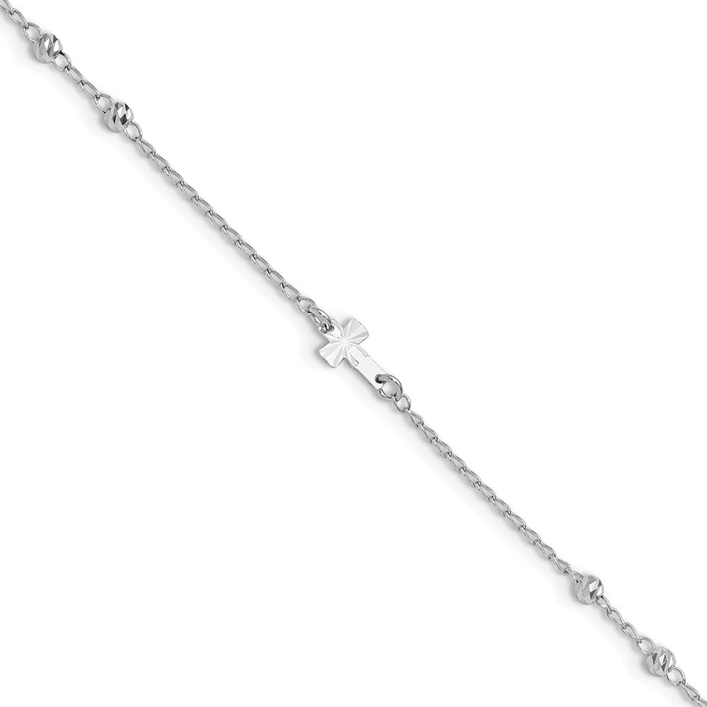 Sterling Silver Rhodium-plated Beads and Cross 9 inch Plus 1 inch Extender - Total 10 inch Anklet, 10 x 1 mm