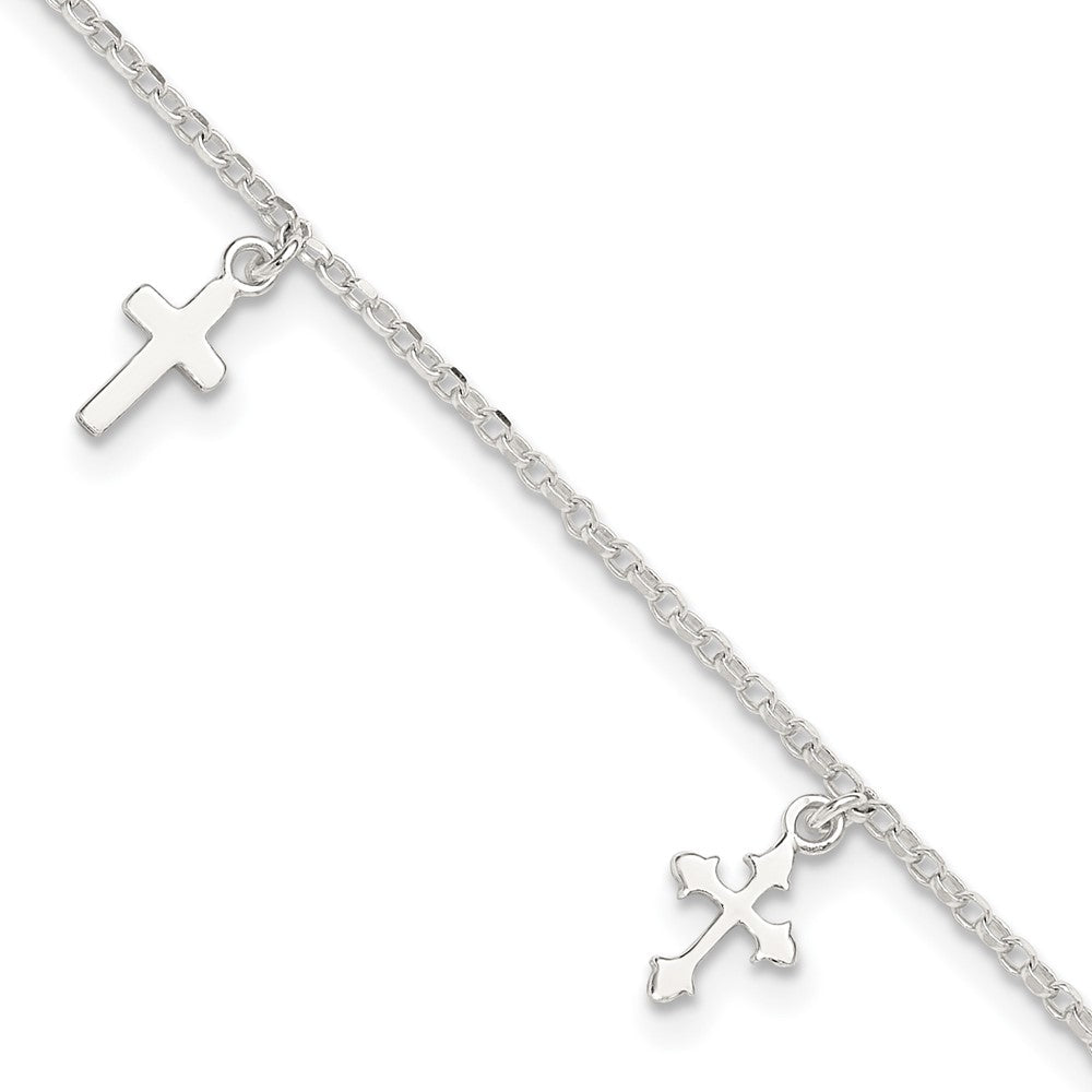 Sterling Silver Cross Charms 9 inch Plus 1 inch Extender - Total 10 inch Anklet, 10 x 7 mm