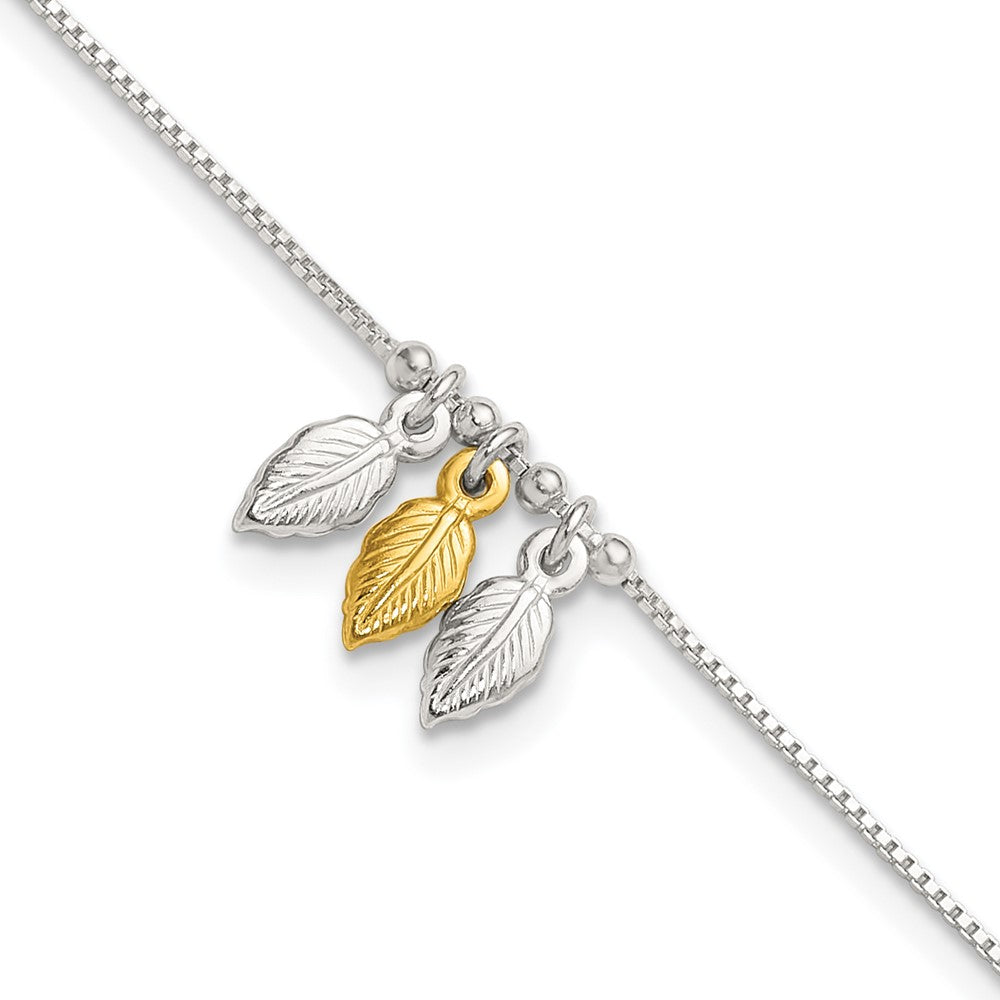 Sterling Silver Gold-tone Feathers 9 inch Plus 1 inch Extender - Total 10 inch Anklet, 10 x 4 mm