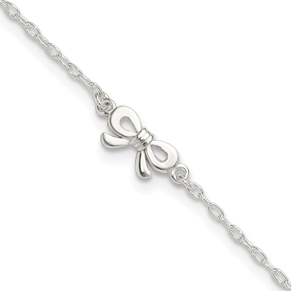 Sterling Silver CZ and Bow 9 inch Plus 1 inch Extender - Total 10 inch Anklet, 10 x 1.5 mm