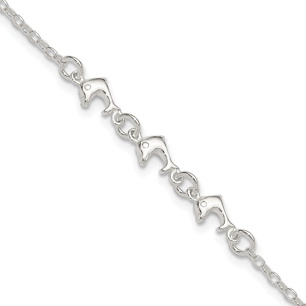 Sterling Silver 3 Dolphins Anklet, 9 x 7 mm