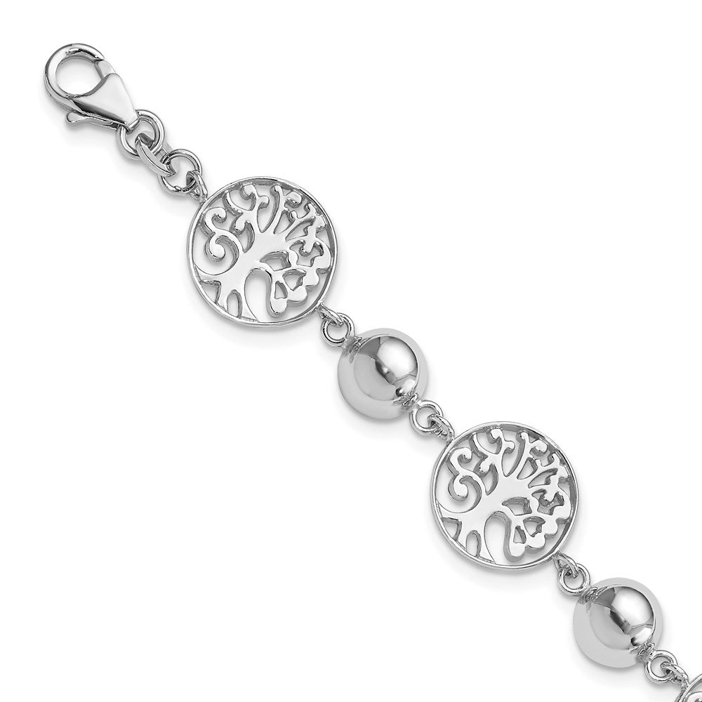 Sterling Silver Rhod-plated Round Tree and Circle w/1in ext. Bracelet, 8 x 20 mm