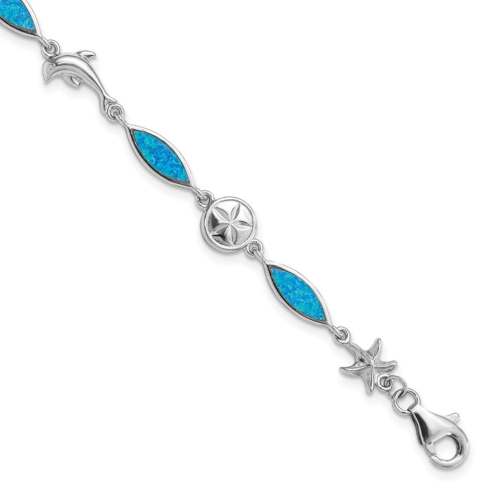 Sterling Silver Rhodium-plated Lab Created Opal Sea Life 7 inch Bracelet, 7 x 20 mm