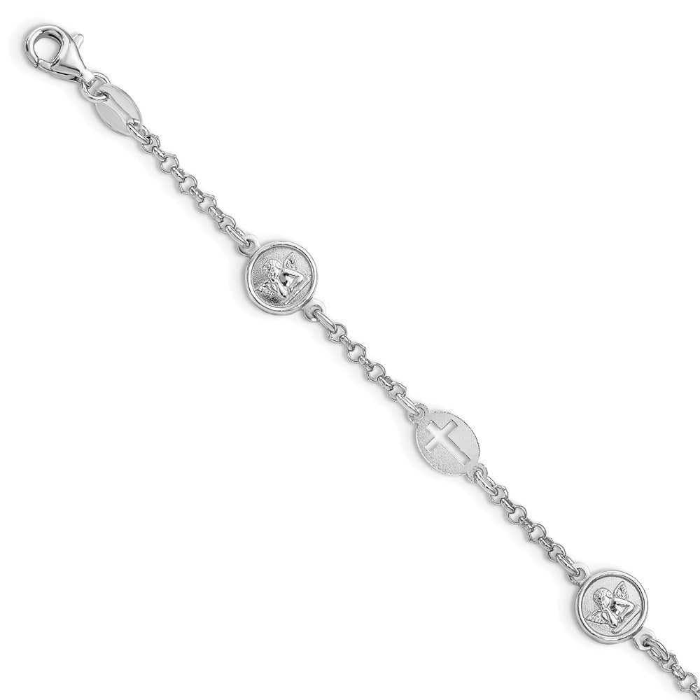 Sterling Silver Rhodium Plated Cross and Angel Bracelet, 7.5 x 2.3 mm