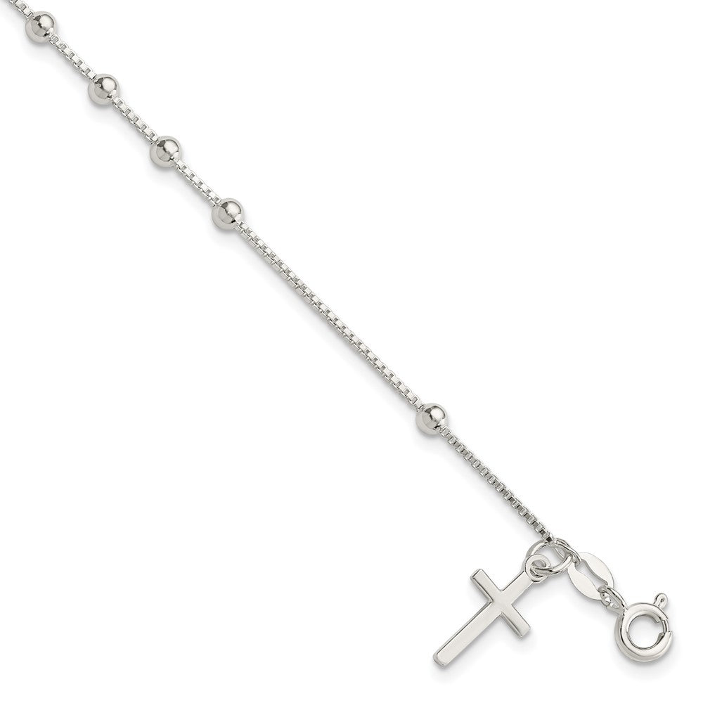 Sterling Silver Polished Beaded Cross 7.25in Bracelet, 7.25 x 3.16 mm