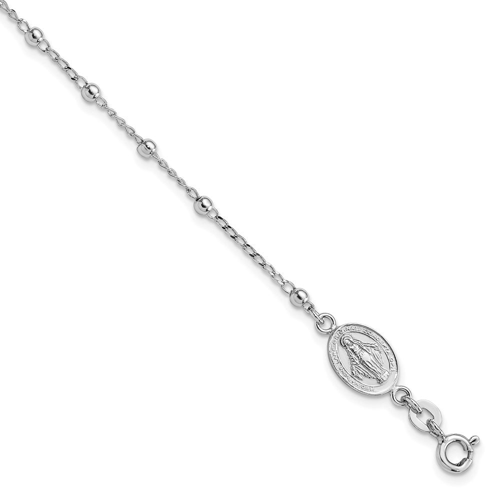 Sterling Silver Rhod-pltd Miraculous Medal/Cross w/1in ext. Bracelet, 8 x 1.25 mm